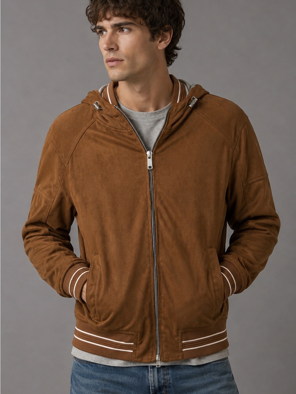 Zara Men’s S Brown Faux Suede Hooded Bomber Jacket Varsity Full Zip